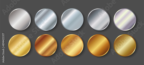 Gold and silver round medals. Vector set of realistic metallic round stickers or badges