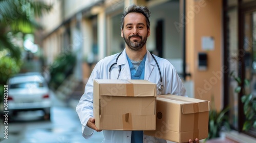 Male doctor holding boxes in alleyway smiling