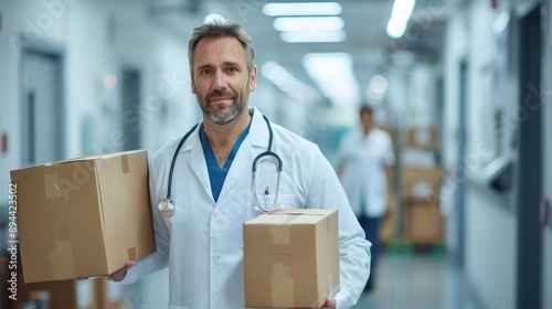 Doctor carrying boxes in a hospital hallway.