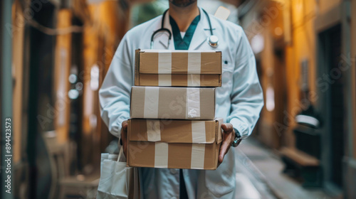 Healthcare provider with packages in narrow hallway.