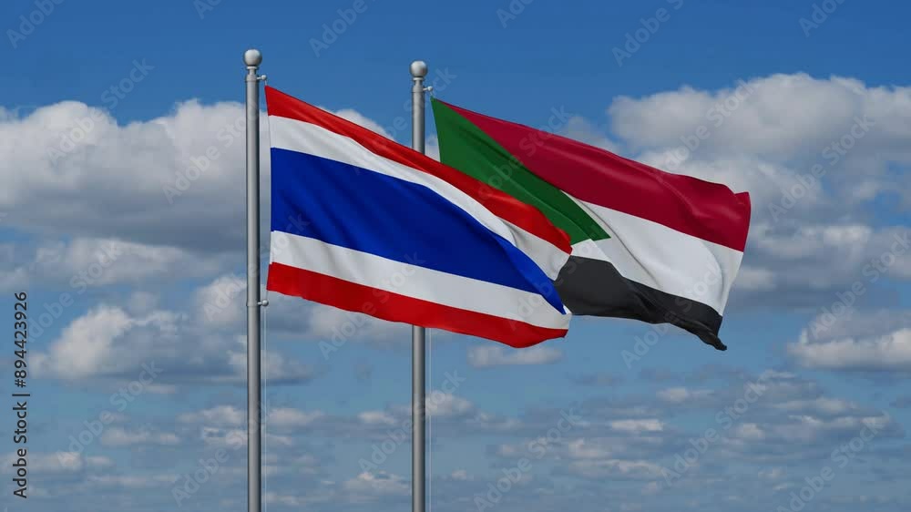 Sudan and Thailand flags flying together, video concept of the relationship, two country cooperation concept Sudan and Thailand flags flying together, video concept of the relationship, two country cooperation concept