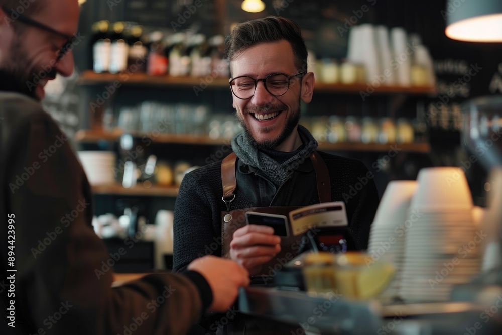 Barista uses NFC tech to help customer pay in cafe. Barista uses NFC tech to help customer pay in cafe.
