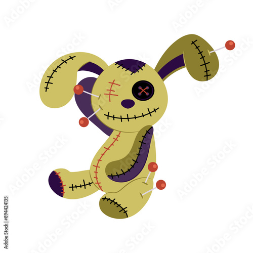 Creepy doll. Cartoon cursed soft bunny toy. Voodoo doll with needles. Halloween decor. Magical tool for witchcraft. Flat illustration on white background.