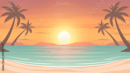 Exotic beach landscape with palm trees arching over clear waves, and a radiant sun in the background