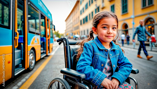 Confident little girl in a wheelchair gets on a city bus, barrier-free environment photo