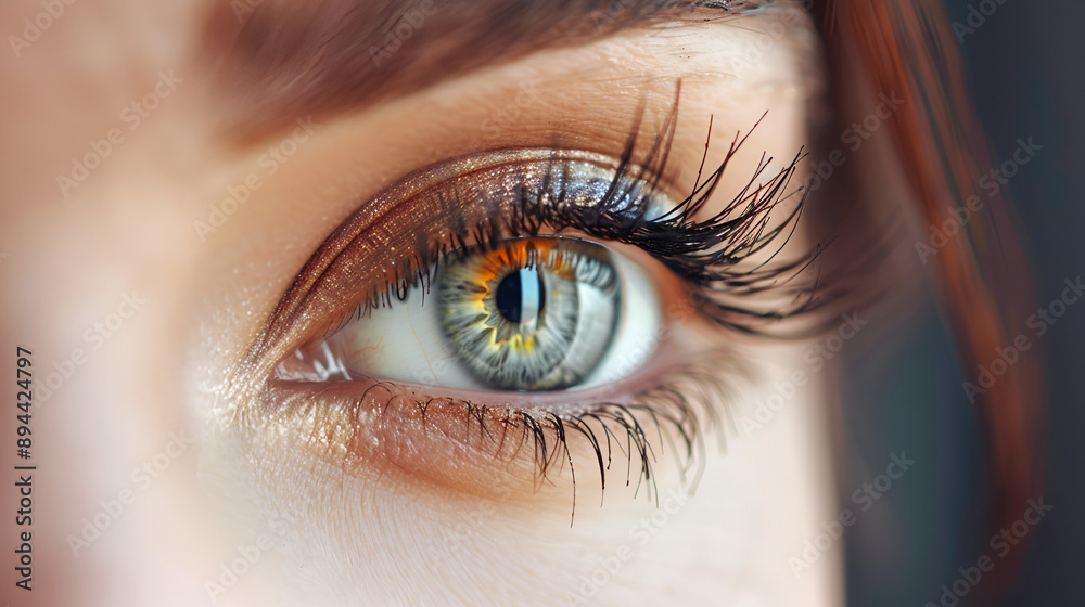 Fototapeta premium Female eye with long eyelashes close up copy space. Generative AI