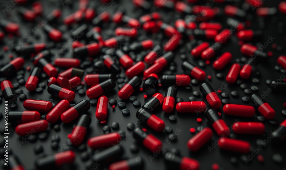 Fototapeta premium Striking Contrast: Red and Black Pills Scattered on Dark Surface. AI-Generated 4K Wallpaper Illustrating Medical Concepts, Pharmaceutical Industry, and Health Choices. Dramatic Visual Representation o