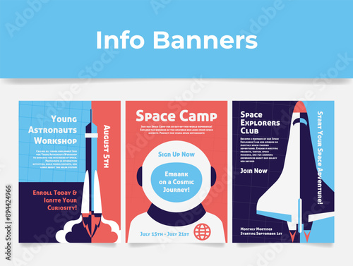 Space camp young astronaut workshop info poster announce design template set vector flat