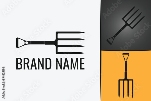 Garden fork logotype icon. Pitchfork agriculture and farm logo. Garden pitchfork tool logo