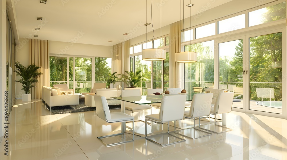 Fototapeta premium Dining area with large glass table and white