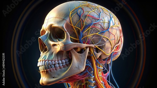 Detailed illustration of human skull anatomy showcasing cranial bones, facial structure, and intricate neural pathways in high-resolution 3D rendering.