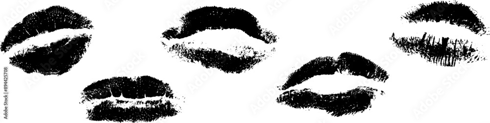 Lips grunge print vector illustrations set. Lipstick trace collection. Close and open female mouth stained mark. Design elements for romantic poster, 90s retro card. Love symbol. Lips grunge print vector illustrations set. Lipstick trace collection. Close and open female mouth stained mark. Design elements for romantic poster, 90s retro card. Love symbol.