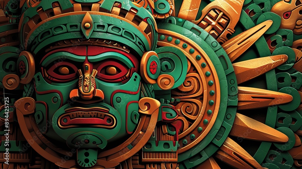Obraz premium Aztec God Mask and Sun