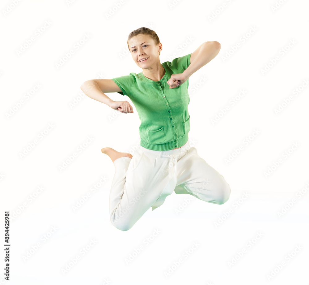 Happy young woman jumping isolated on white background Happy young woman jumping isolated on white background