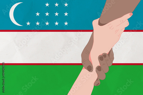 Helping hand against the Uzbekistan flag. The concept of support. Two hands taking each other. A helping hand for those injured in the fighting, lend a hand photo