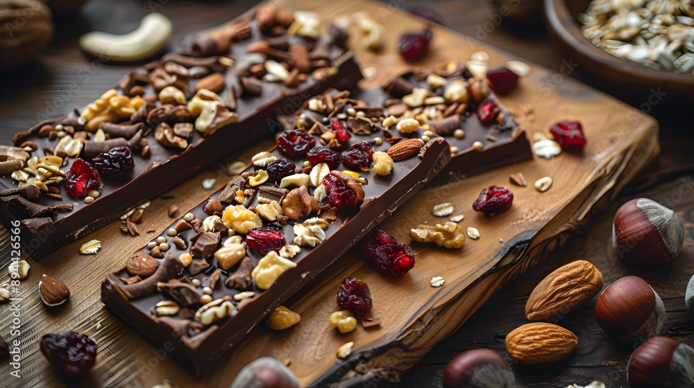 Chocolate bars with nuts and dried fruits laid picture Chocolate bars with nuts and dried fruits laid picture