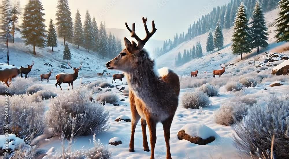 A herd of deer stands in a snowy mountain valley, surrounded by winter foliage and snow-covered trees under a clear sky.
A herd of deer stands in a snowy mountain valley, surrounded by winter foliage and snow-covered trees under a clear sky.