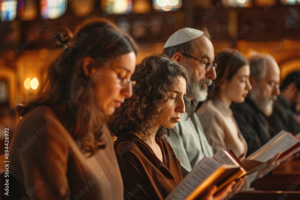 Jewish family reading holy book in warm light Jewish family reading holy book in warm light