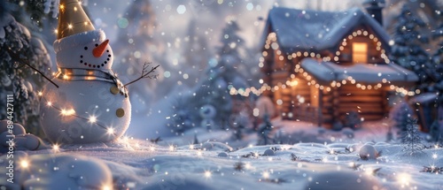 A winter wonderland birthday card background with a snowy landscape A cozy log cabin is decorated with lights