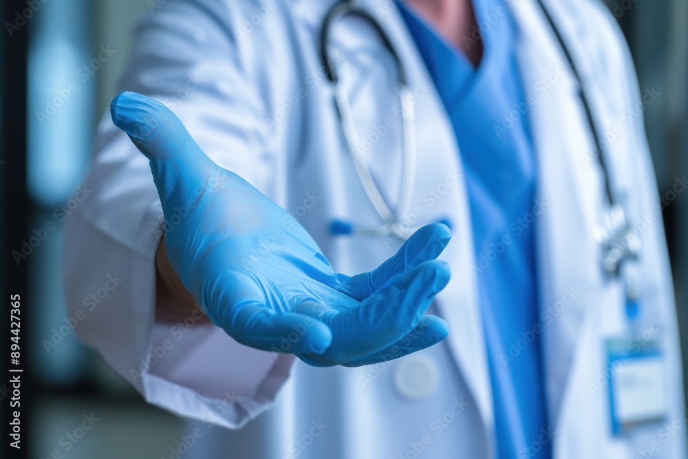 Doctor with blue glove extending hand, close-up view