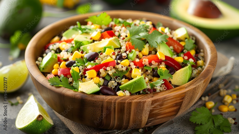 Salad with quinoa avocado red peppers corn picture