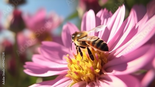 A Bee Gathering Pollen on a Pink Flower