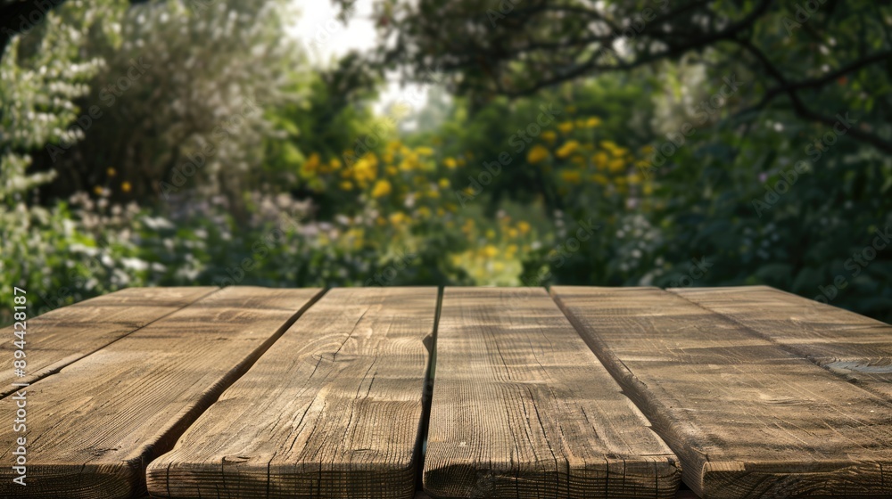 Fototapeta premium Blank wooden table in front of a blurry background. Ideal for product display or mock-up.
