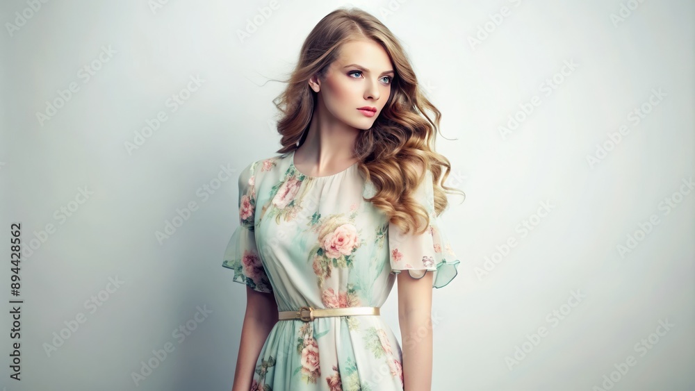 Delicate feminine beauty embodied in a soft focus, pastel hued floral print dress against a pristine white background. Delicate feminine beauty embodied in a soft focus, pastel hued floral print dress against a pristine white background.
