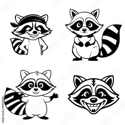 Funny cartoon characters joyful raccoons for kids coloring book. Vector monochrome outline set of animal sketches and stickers photo