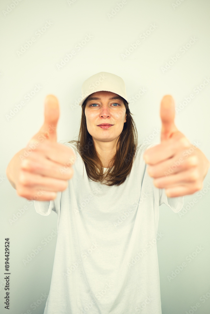 Portrait of beautiful Caucasian young female model with blue eyes and white shirt showing thumbs up gesture, isolated on white background, copy space area