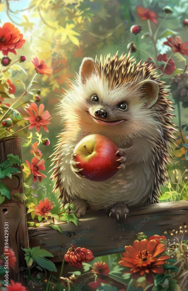 Hedgehog Holding an Apple in a Garden Hedgehog Holding an Apple in a Garden
