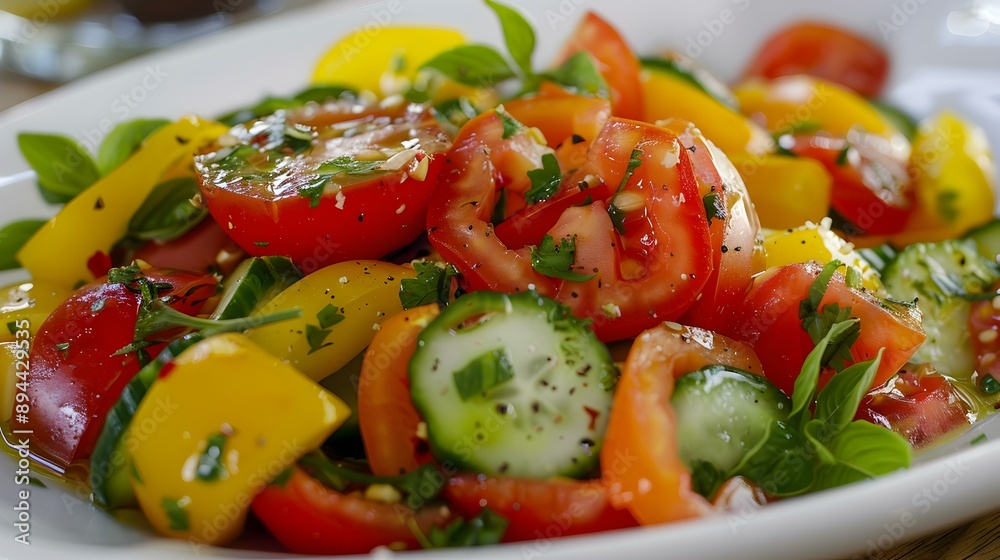 The salad includes fresh tomatoes cucumbers bell peppers image The salad includes fresh tomatoes cucumbers bell peppers image
