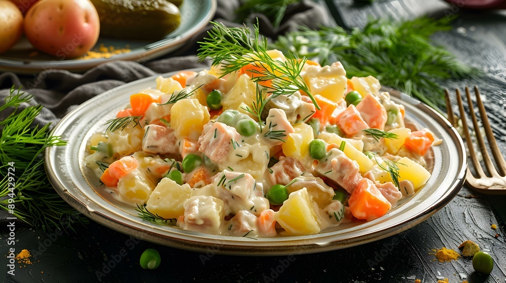 A salad consisting of diced potatoes carrots peas