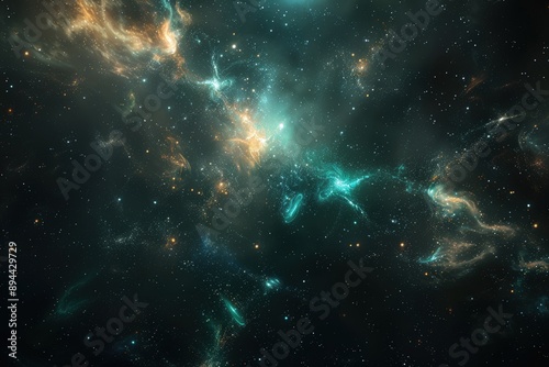 Cosmic 3D background with nebulas, stars, and swirling galaxies in vibrant green and gold hues, creating a mesmerizing and ethereal space scene.