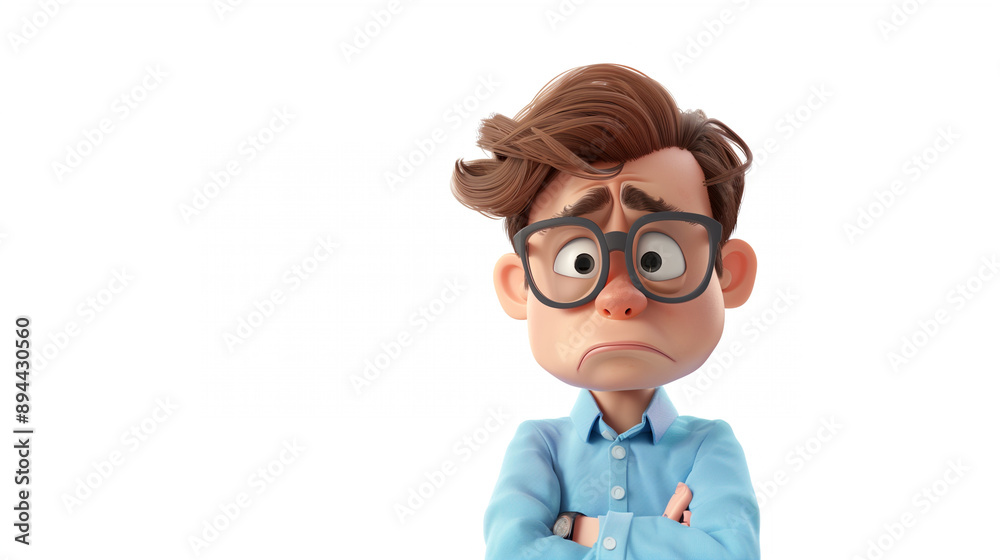 3D character of an office worker with glasses, brown hair and blue shirt standing in front view on a white background 3D character of an office worker with glasses, brown hair and blue shirt standing in front view on a white background