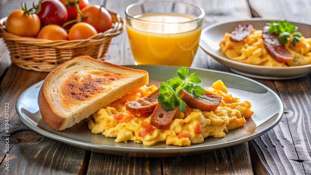 Freshly prepared breakfast arrangement featuring scrambled eggs, crispy bacon, and toasted bread alongside a refreshing glass of orange liquid.