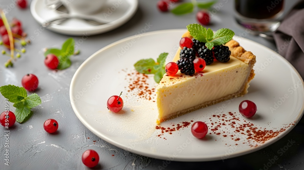 Curd pie with berries neatly cut and served image Curd pie with berries neatly cut and served image