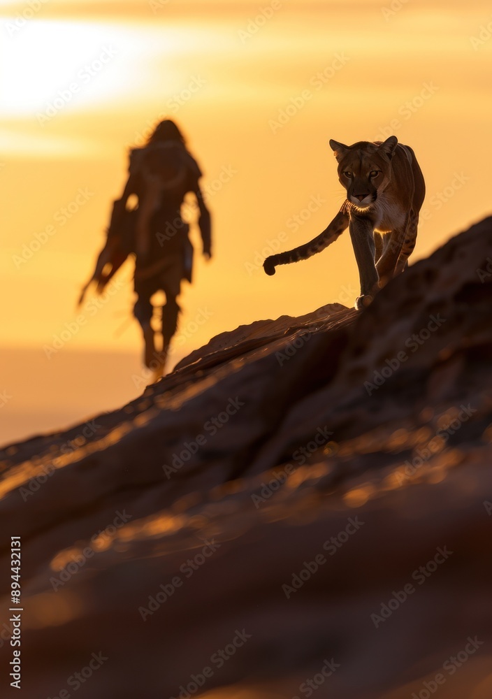 Hero and tiger walk on rocky terrain at sunset