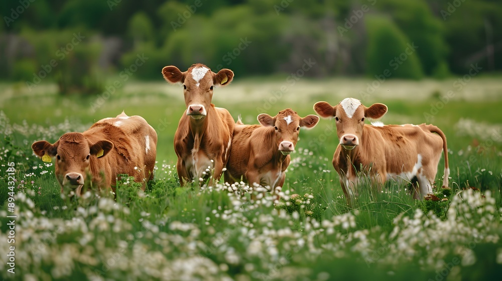 Calves playing in a meadow under the supervision image