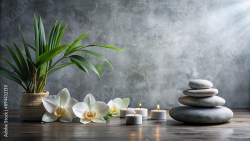 Serene atmosphere surrounds a vacant grey background, evoking feelings of wellness and glowing health, with subtle hints of femininity and beauty.