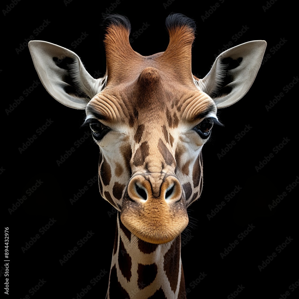 Fototapeta premium A close-up portrait of a giraffe with a black background. The image shows the giraffe s face in great detail, including its eyes, nose, and mouth. The giraffe s fur has a unique pattern of spots.