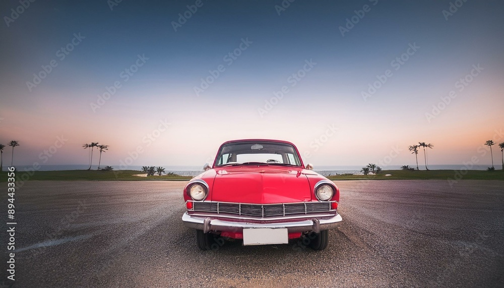 Fototapeta premium red classic car facing the camera, minimalist, deadpan, banal, cool, clinical, urban, iconic, conceptual, subversive, sparse, restrained, symbol