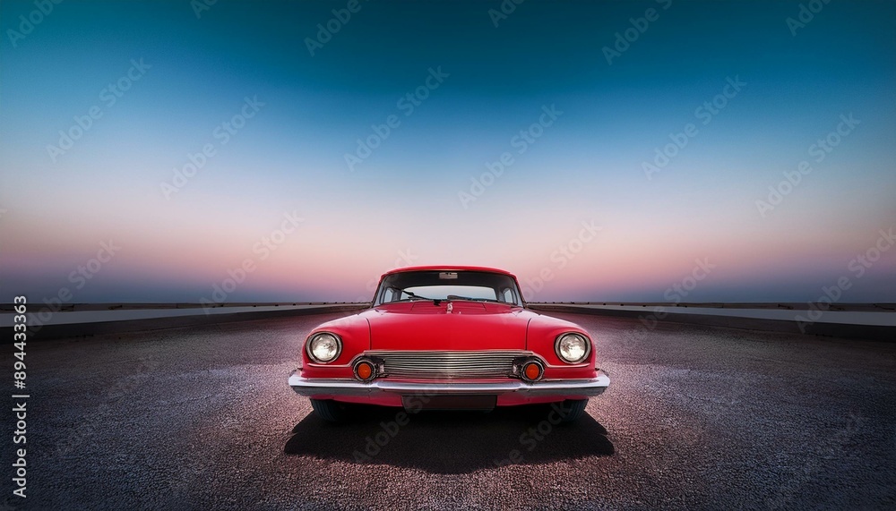 Fototapeta premium red classic car facing the camera, minimalist, deadpan, banal, cool, clinical, urban, iconic, conceptual, subversive, sparse, restrained, symbol