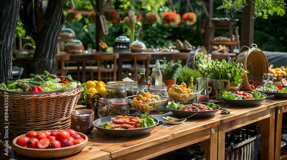 Fototapeta premium Summer outdoor buffet with barbecue fresh salads fruits