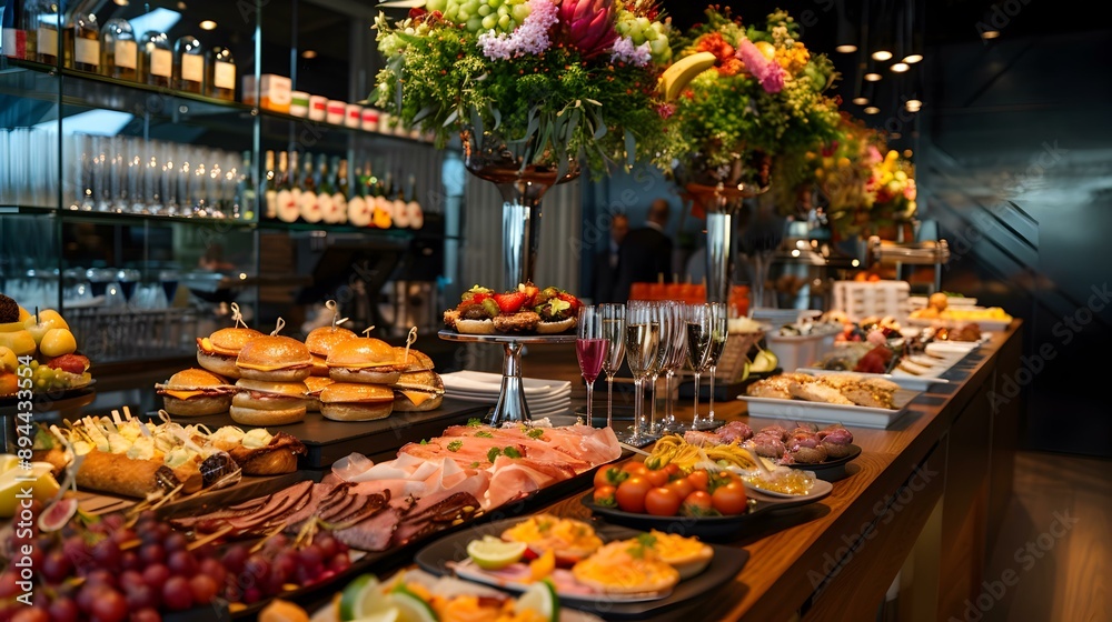 Buffet at a corporate event with a long Buffet at a corporate event with a long