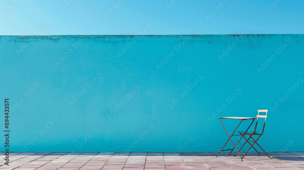 Obraz premium Empty table against a sky blue wall.