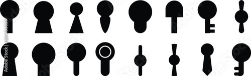 Keyhole icon set. premium door key hole. Shape of lock of door. Pictogram Logo design template for home and entrance. Mysterious silhouette door lock. Vector icons, isolated on transparent background,
