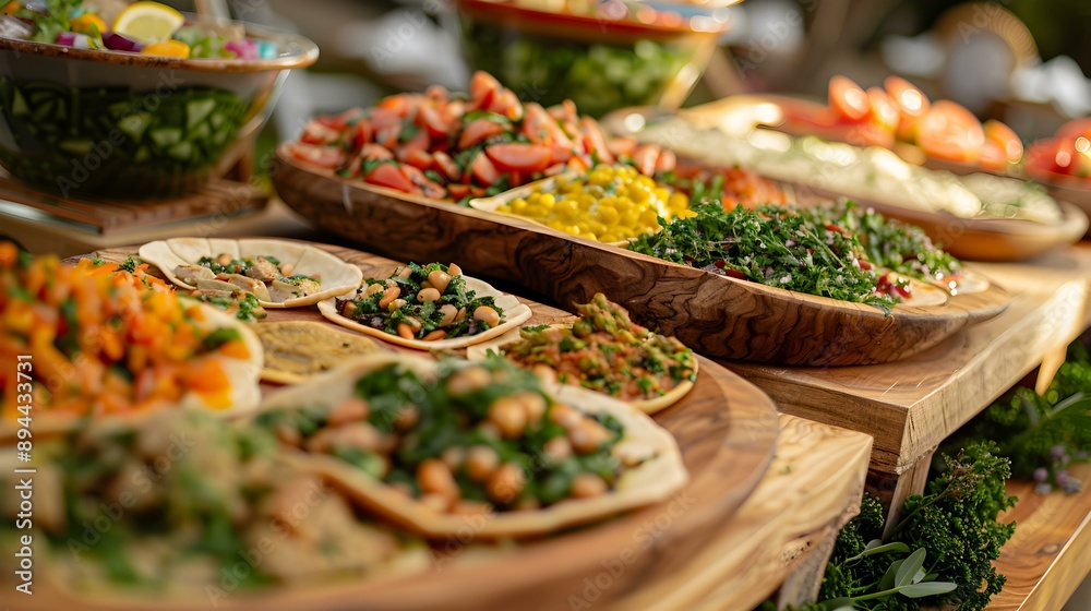 Buffet with national cuisine including mini pita breads image Buffet with national cuisine including mini pita breads image