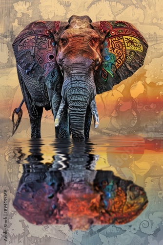 Colorful elephant with abstract patterns in water. photo