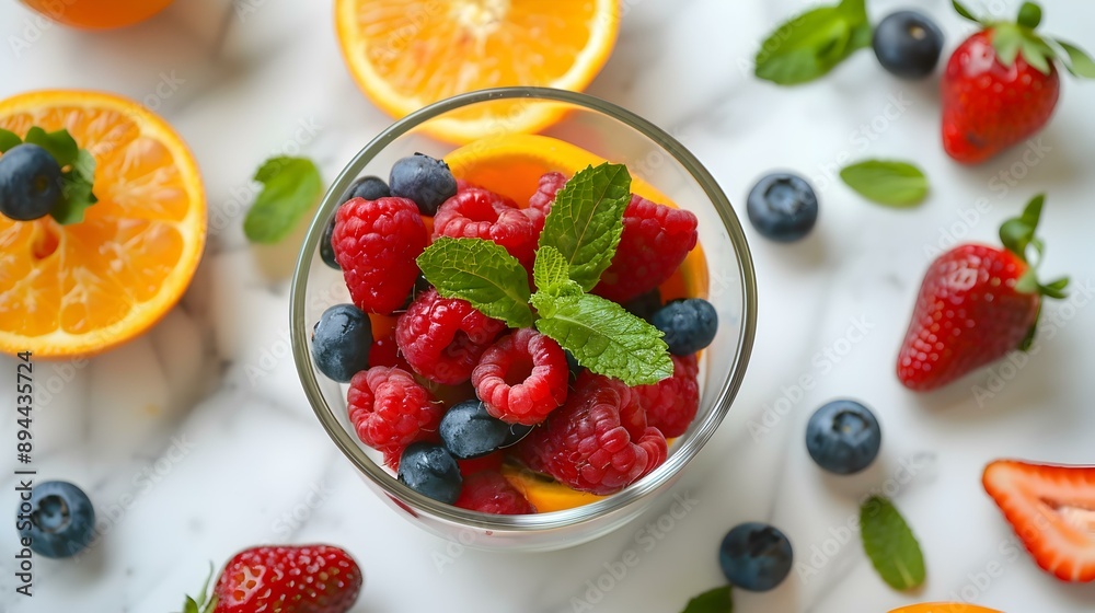 The berries are neatly placed in a glass picture The berries are neatly placed in a glass picture